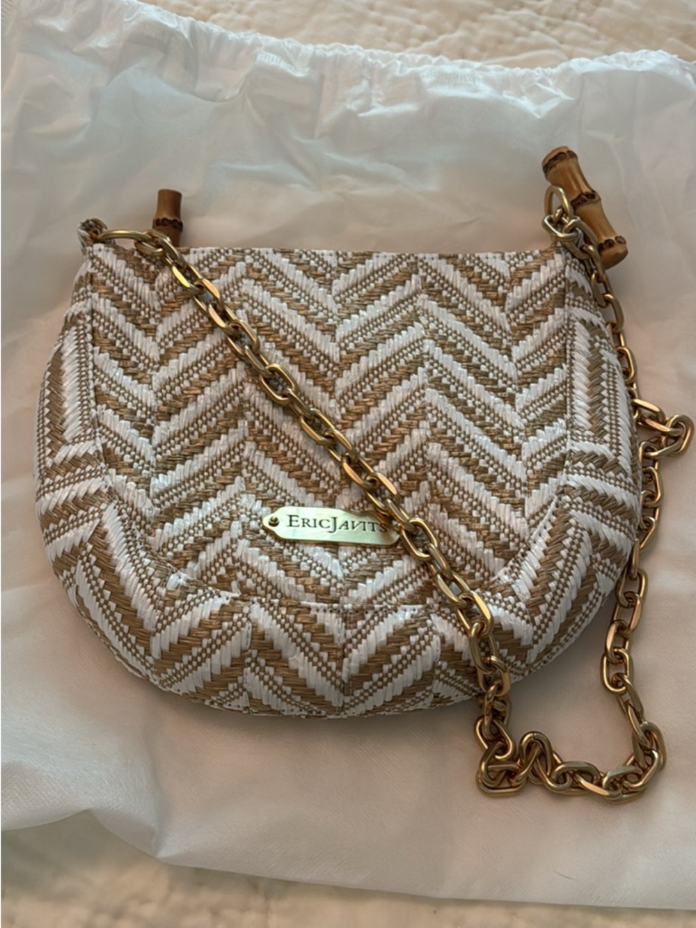 Eric Javits Raffia Chain Pouch in Tan and White with Gold Chain